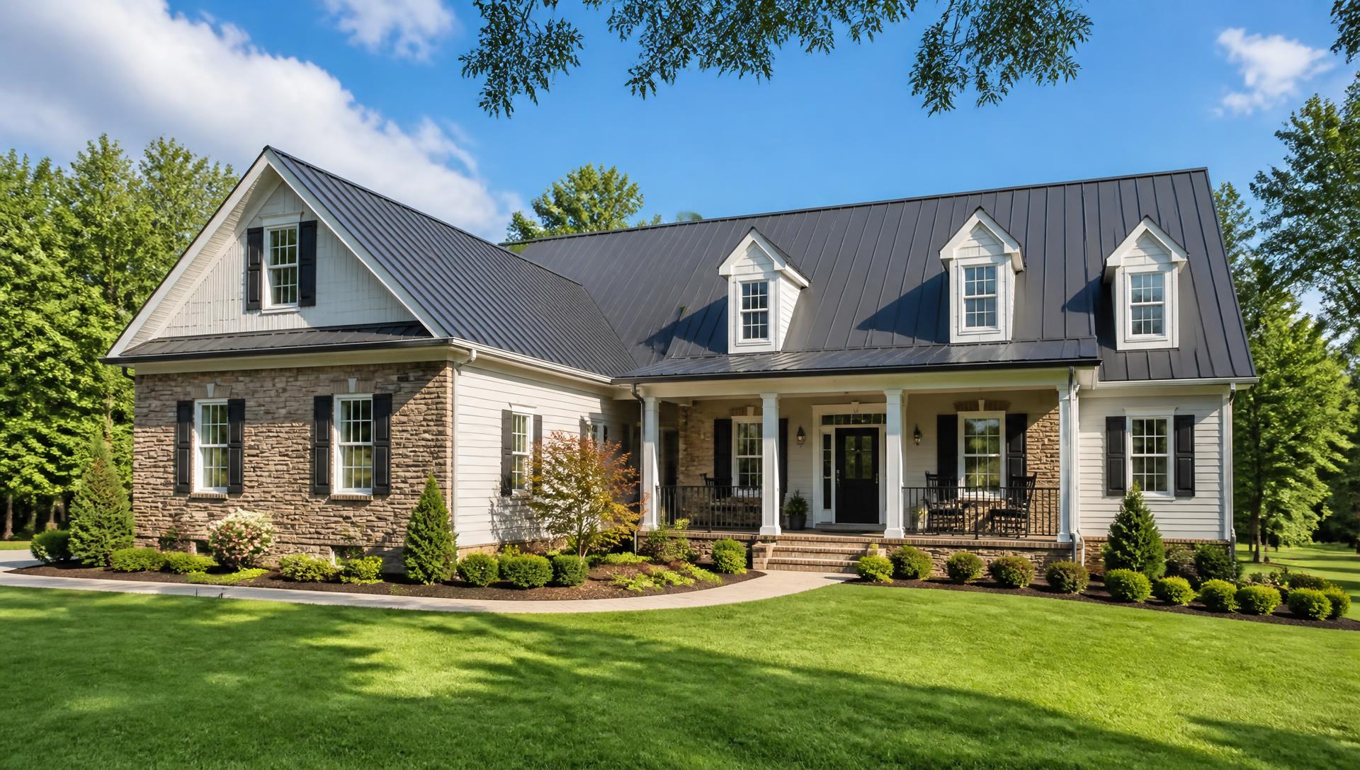 Finished home exterior with a new standing seam metal roof